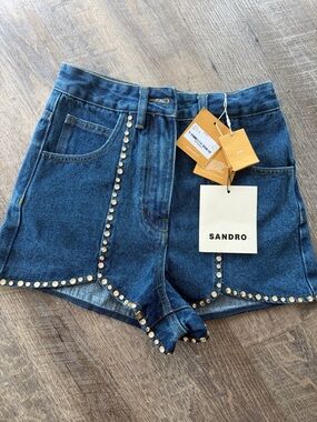 Sandro Dark Blue Crystal-Trim Denim Shorts